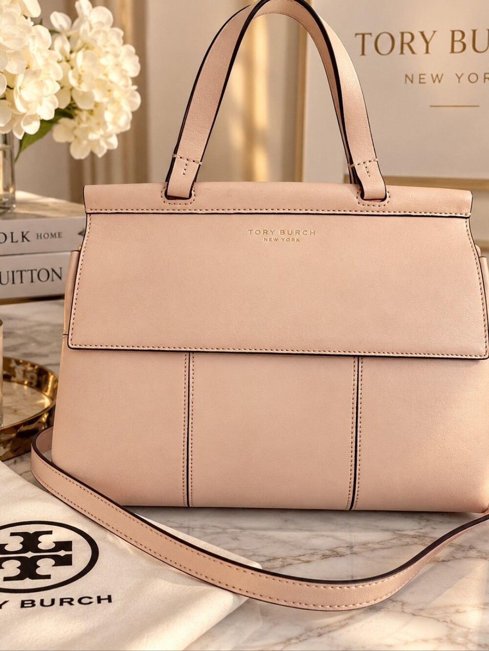 Tory Burch Blush Pink Leather Satchel Tote Crossbody Strap Bag Gold Hardware